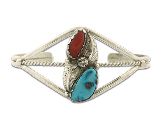 Vintage Navajo Bracelet 925 Silver Red Coral Turquoise Signed Paul J