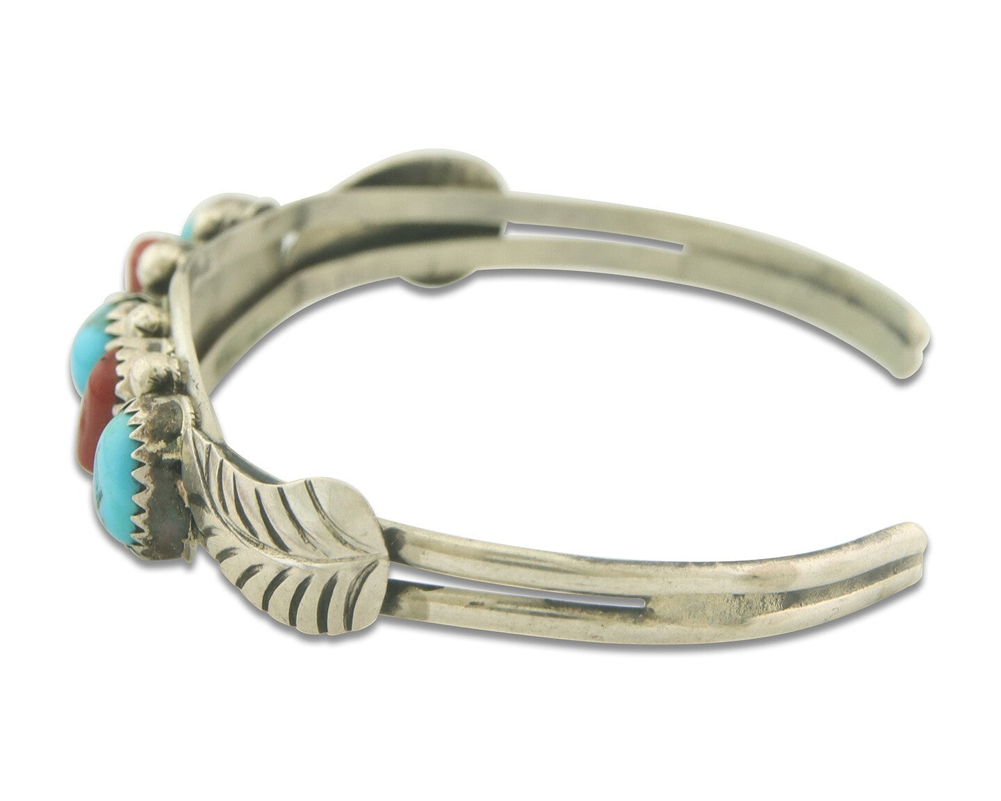 Navajo Bracelet 925 Silver Coral & Turquoise Cuff Signed D C.80's