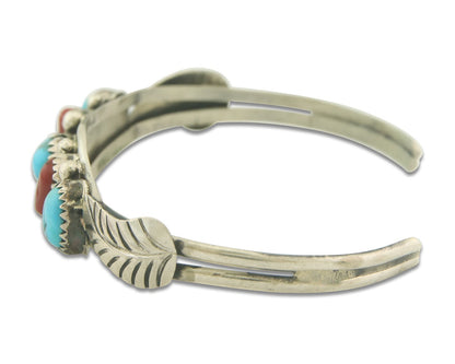 Navajo Bracelet 925 Silver Coral & Turquoise Cuff Signed D C.80's