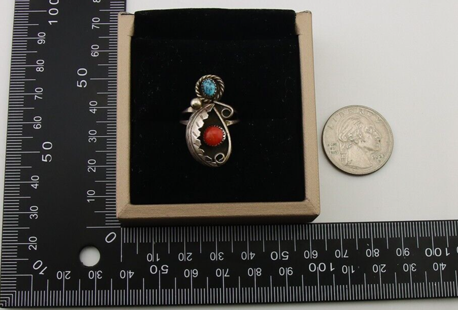 Navajo Handmade Ring 925 Silver Turquoise & Coral Native Artist C.80's