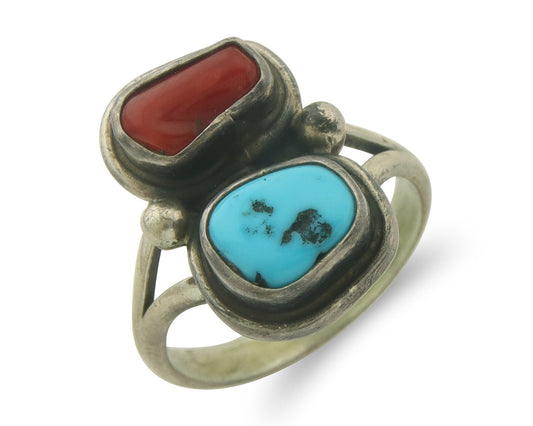 Vintage Navajo Ring 925 Sterling Natural Coral & Turquoise Native Artist Sz 9.0