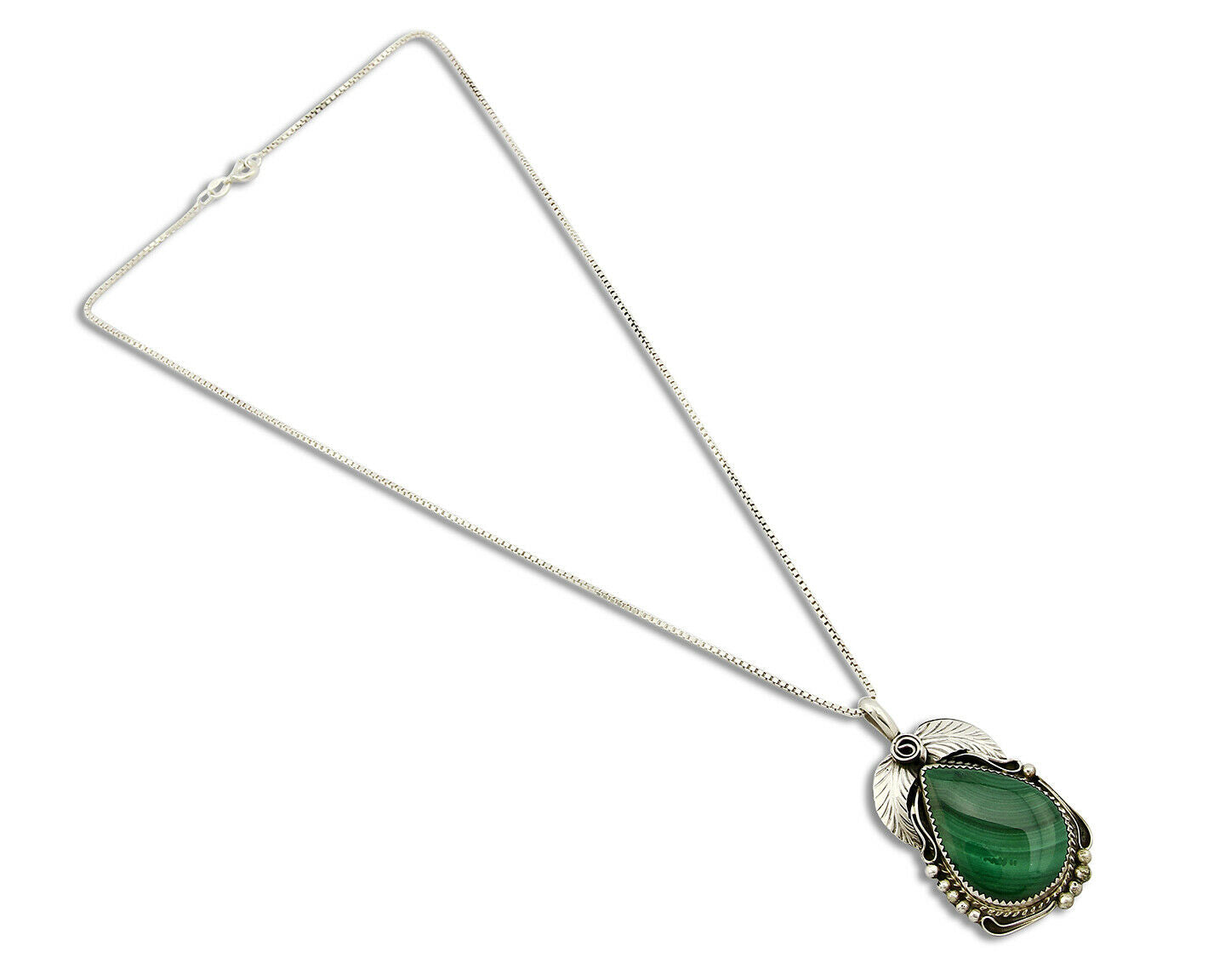 C.80-90's Navajo Signed JUSTIN MORRIS .925 Silver Natural Malachite Necklace