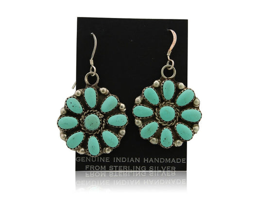 Zuni Concho Earrings 925 Silver Inlaid Natural Turquoise Artist Signed DR C.80's