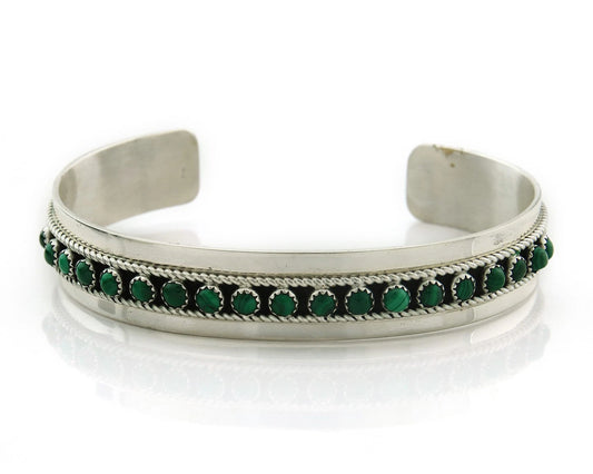 Navajo Cuff Bracelet Sterling Silver Malachite Vintage Signed Patrick Yazzie