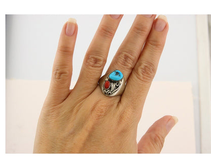 Navajo Ring 925 Sterling Turquoise & Coral Native Artist C.80's Size 9.0