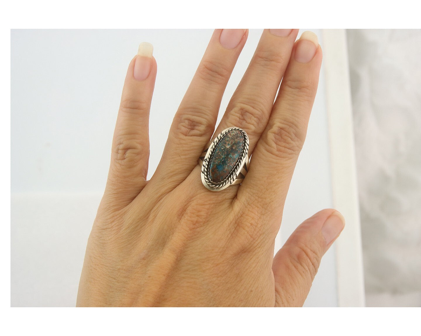 Vintage Navajo Ring 925 Sterling Authentic Turquoise Artist Signed TS Size 7.25