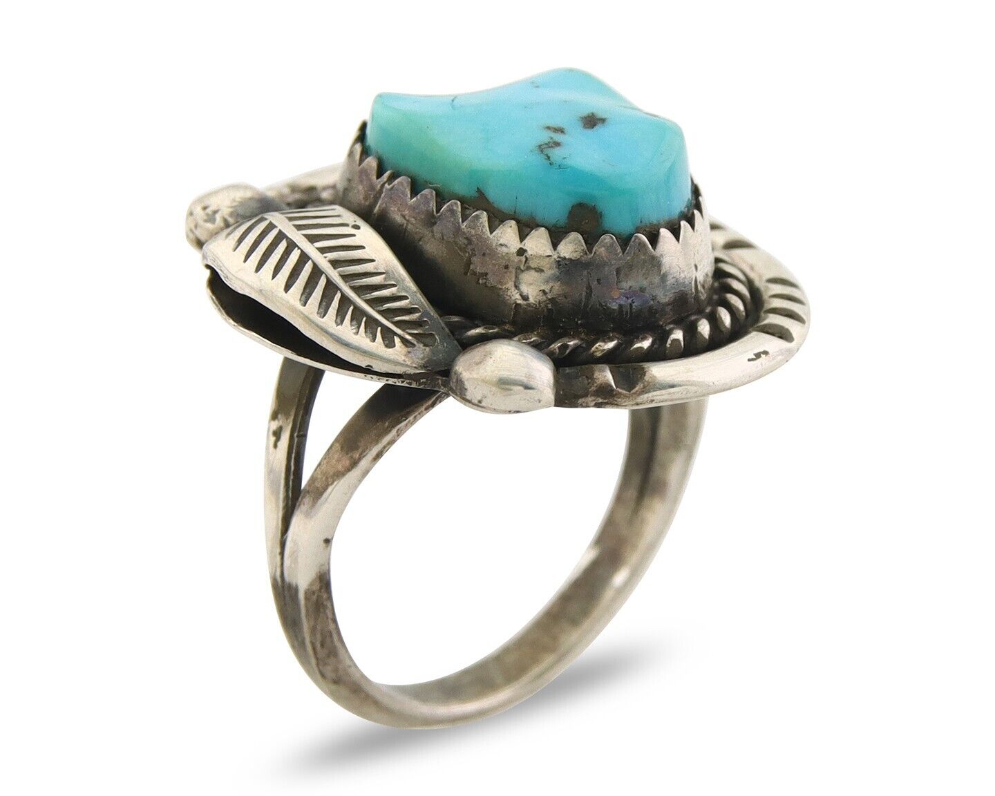 Navajo Ring 925 Sterling Natural Blue Turquoise Native Artist C.80's Size 5.0