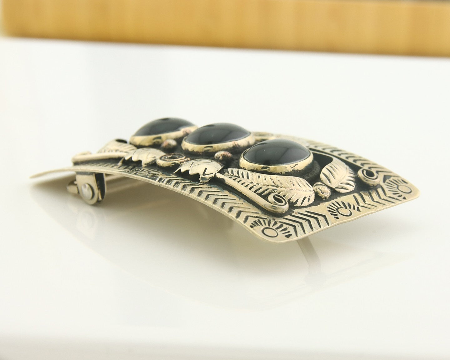 Navajo Concho Belt Buckle .999 Nickel Onyx Native American Artist 2x3 in C.80's