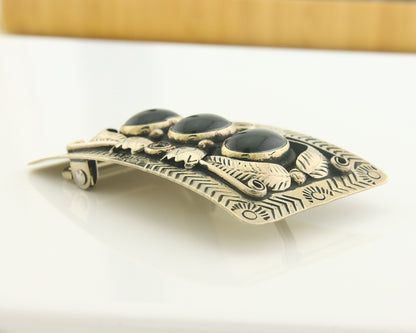 Navajo Concho Belt Buckle .999 Nickel Onyx Native American Artist 2x3 in C.80's