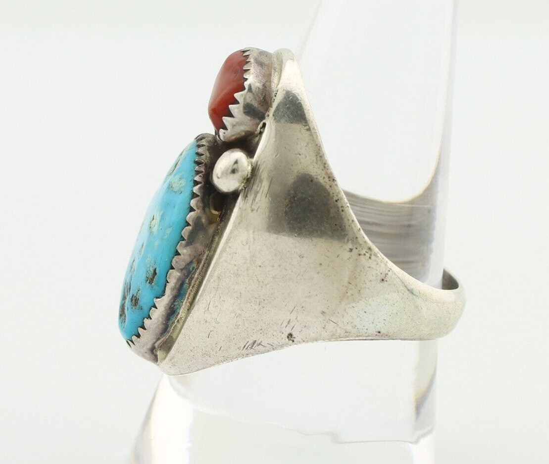 Navajo Ring 925 Silver Sleeping Beauty Turquoise & Coral Native Artist C.80s