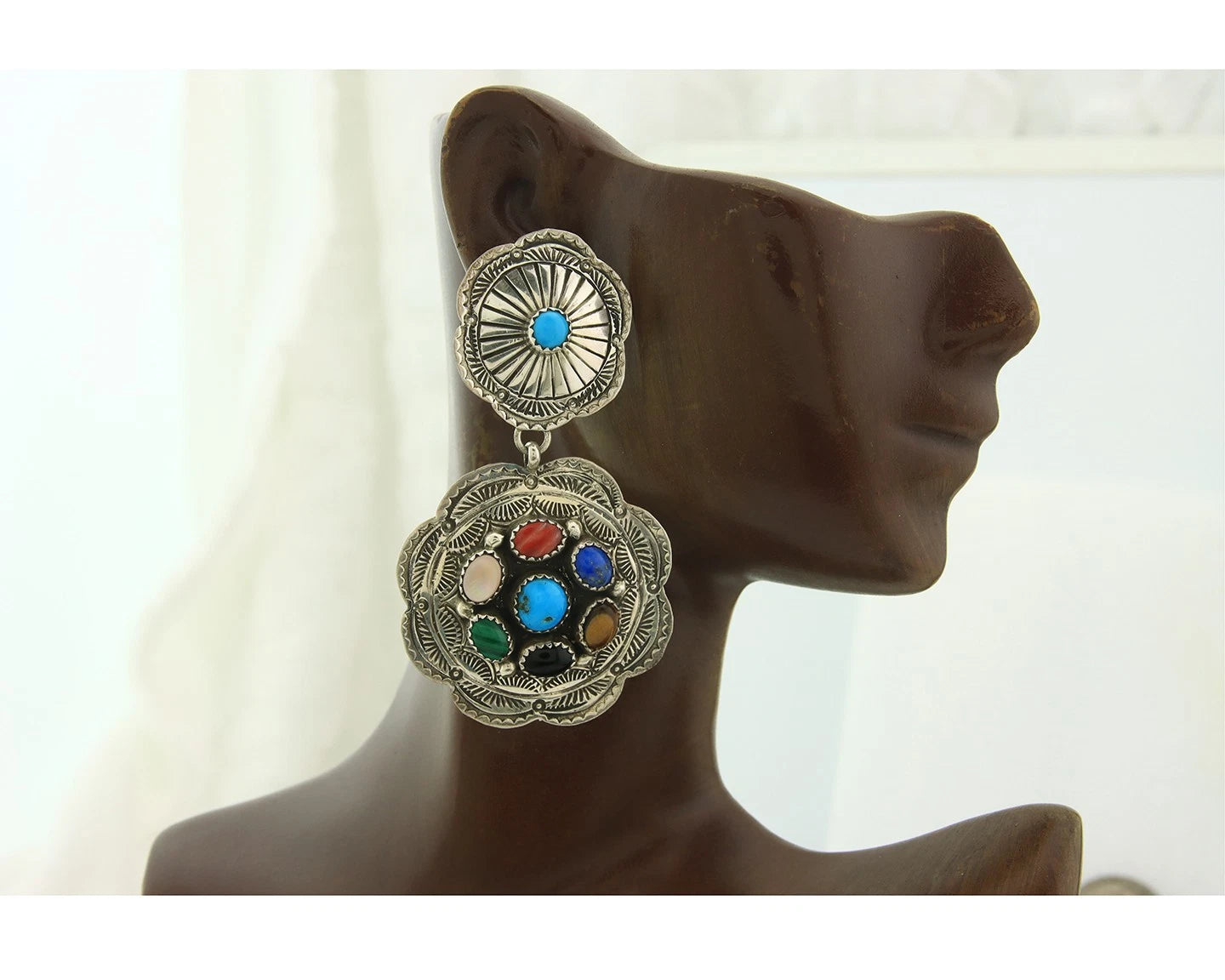 Navajo Concho Earrings Sterling Silver Natural Gemstones Vintage Handmade