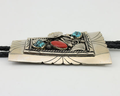 Navajo Bolo Tie .999 Nickel Coral & Turquoise Signed Animal Paw C.80's