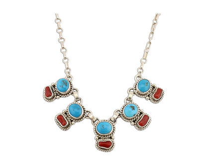 Navajo Necklace 925 Silver Natural Blue Turquoise & Coral Native American C80s