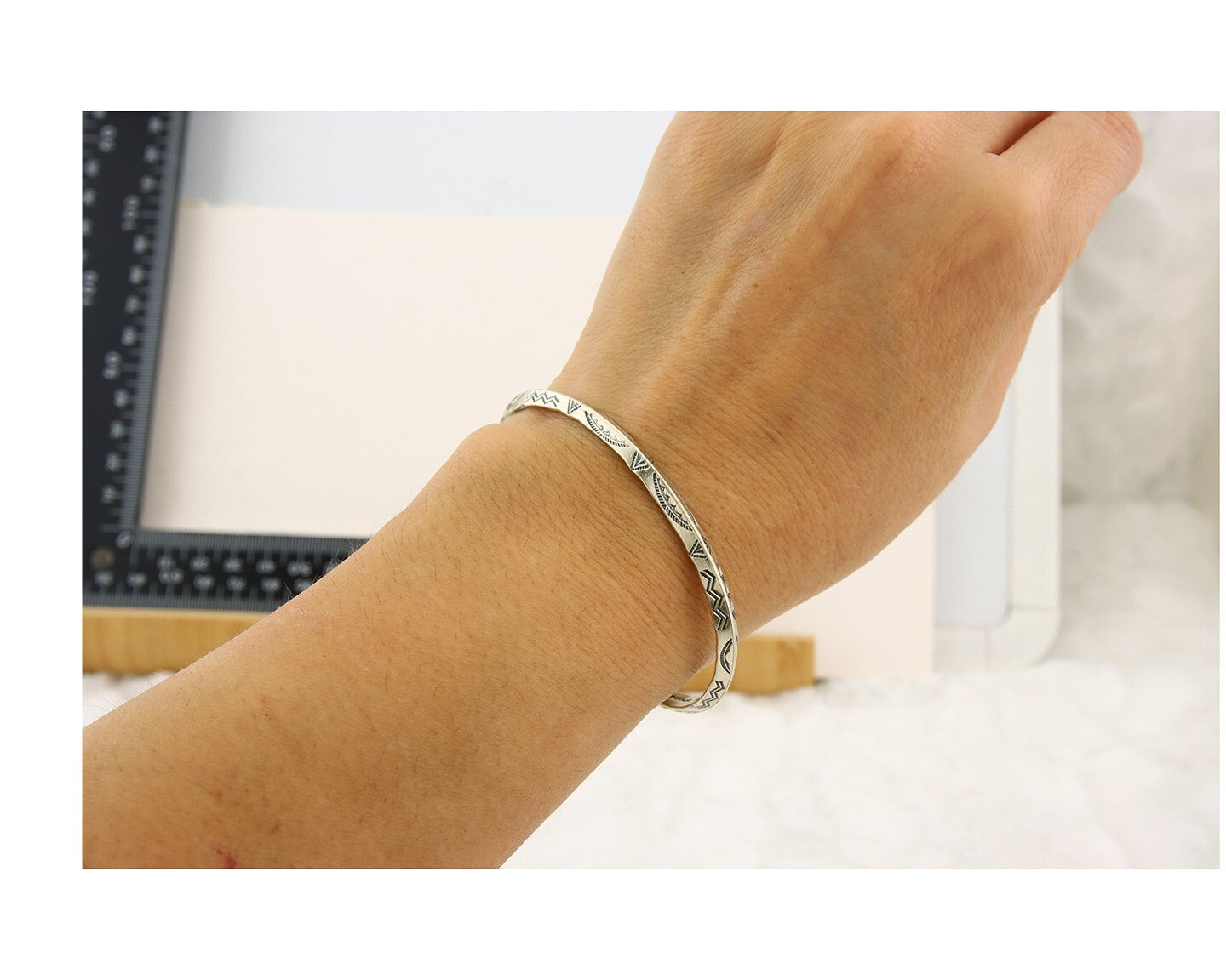 Navajo Bracelet 925 Silver Hand Stamped Triangle Signed Arrow & Signpost C.80's