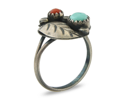 Vintage Navajo Ring 925 Sterling Silver Authentic Turquoise & Coral Size 6.5