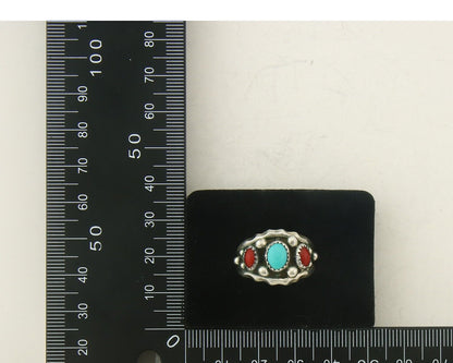 Men Navajo Ring 925 Sterling Natural Coral & Turquoise Signed R C.80's Size 9.0