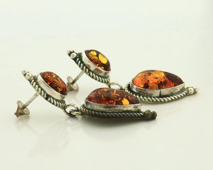 Navajo Dangle Earrings Sterling Silver Natural Amber Handmade Vintage