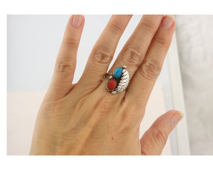 Navajo Ring 925 Sterling Natural Coral & Turquoise Signed BB C.80's Size 7.5