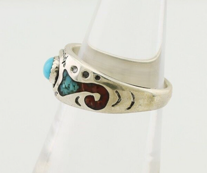 Navajo Ring 925 Silver Turquoise & Coral Natural American Artist C.80's