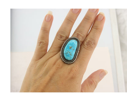 Vintage Navajo Ring 925 Sterling Blue Gem Turquoise Artist Tom Willeto Size 7.5