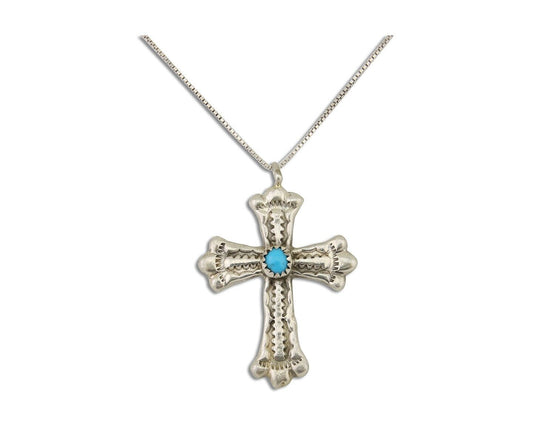 Navajo Cross Hand Stamped Necklace 925 Silver Turquoise Native Artist C.80s