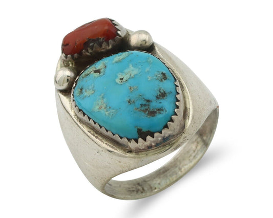 Navajo Ring 925 Silver Sleeping Beauty Turquoise & Coral Native Artist C.80s