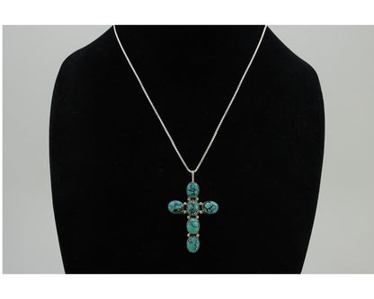 Navajo Cross Necklace 925 Silver Blue Spiderweb Turquoise Artist Signed JW C80s