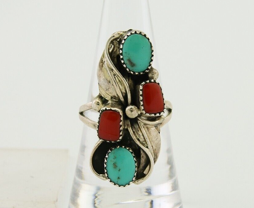 Navajo Handmade Ring 925 Silver Coral & Turquoise Native Artist C.80's
