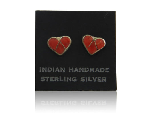Navajo Heart Earrings Sterling Silver Natural Red Coral Vintage Handmade