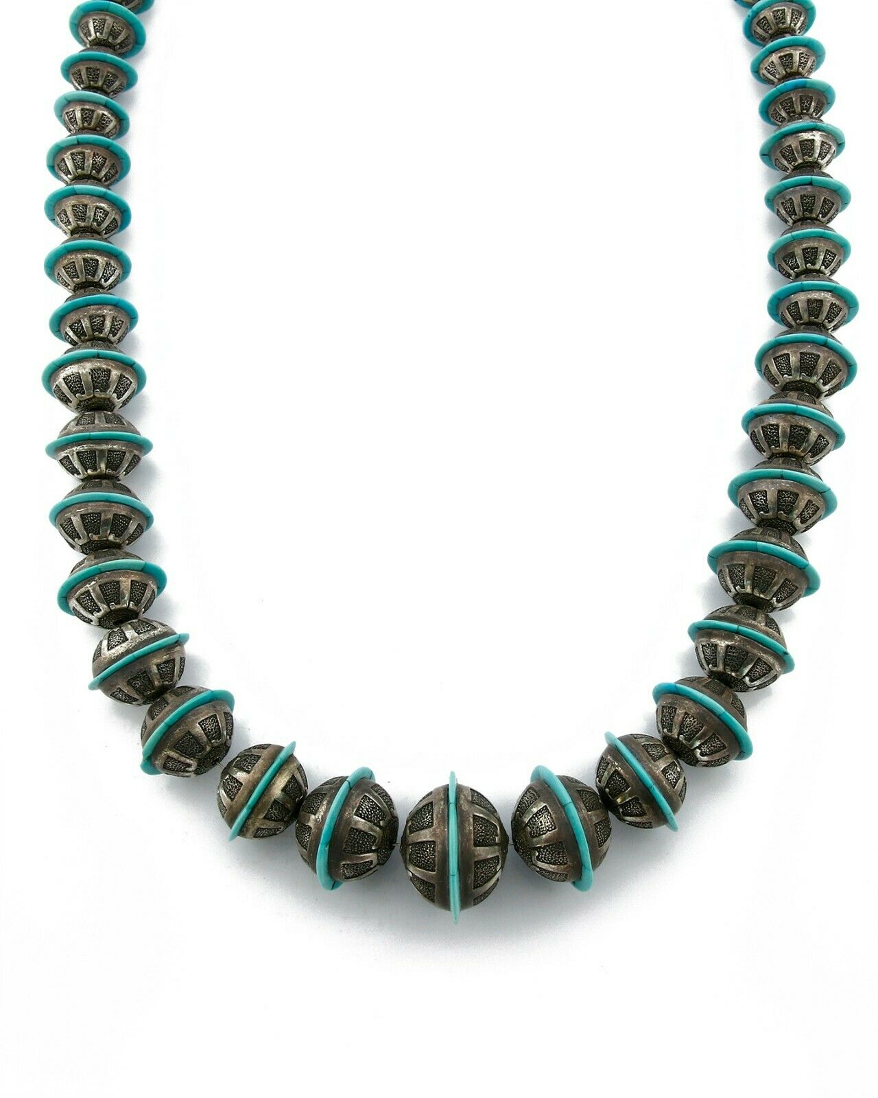 Navajo Hand Stamped .925 Silver Bead Inlaid Hand Cut Turquoise Necklace