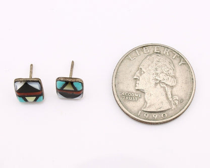 Zuni Earrings 925 Silver Natural Gemstones & Turquoise Native Artist C.80's