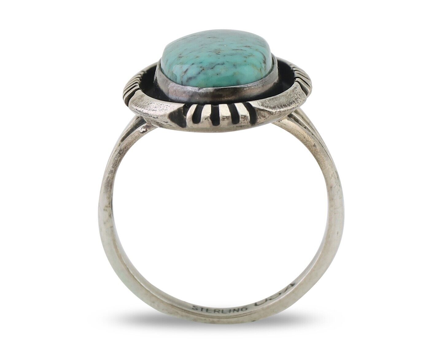 Navajo Ring 925 Silver Kingman Turquoise Native American Artist Size 8.0 C.80's