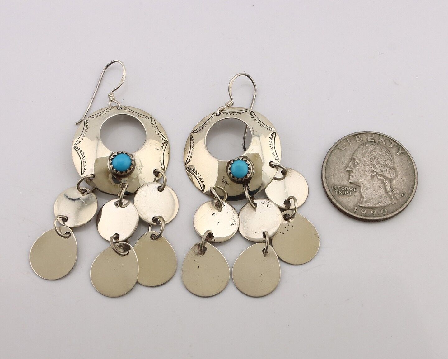 Navajo Dangle Handmade Earrings 925 Silver Blue Turquoise Native Artist C.80's