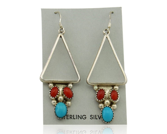 Navajo Earrings 925 Silver Turquoise & Coral Native American Artist C.80's