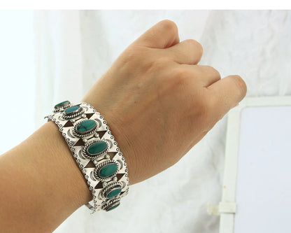 Navajo Cuff Bracelet Sterling Silver Turquoise Vintage Signed E Spencer