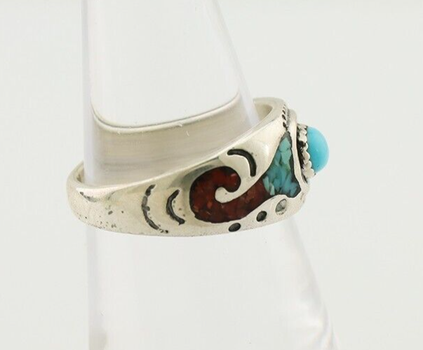 Navajo Ring 925 Silver Turquoise & Coral Natural American Artist C.80's