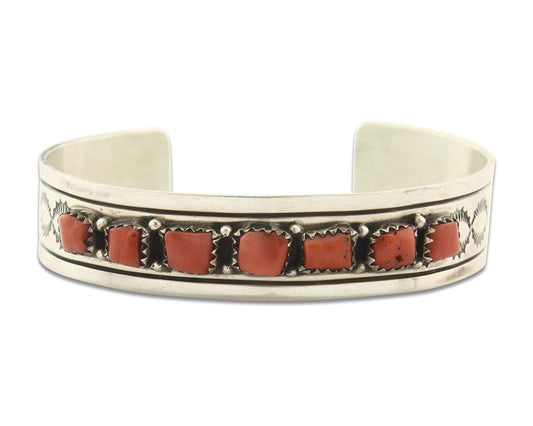 Vintage Navajo Bracelet 925 Silver Red Coral handmade Signed Maria B