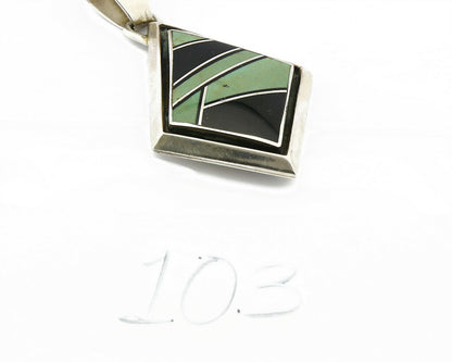 Navajo Inlaid Black Jet & Green Turquoise Shadow Box .925 Silver Pendant