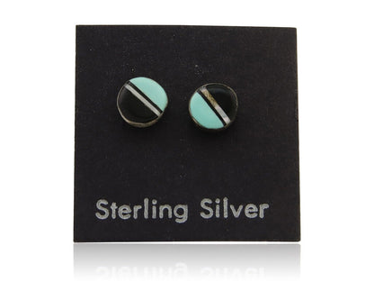 Navajo Earrings 925 Silver Inlaid Natural Onyx & Turquoise Native American C.80s