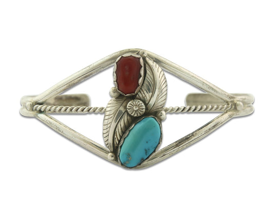 Vintage Navajo Bracelet 925 Silver Red Coral Turquoise Signed Paul J