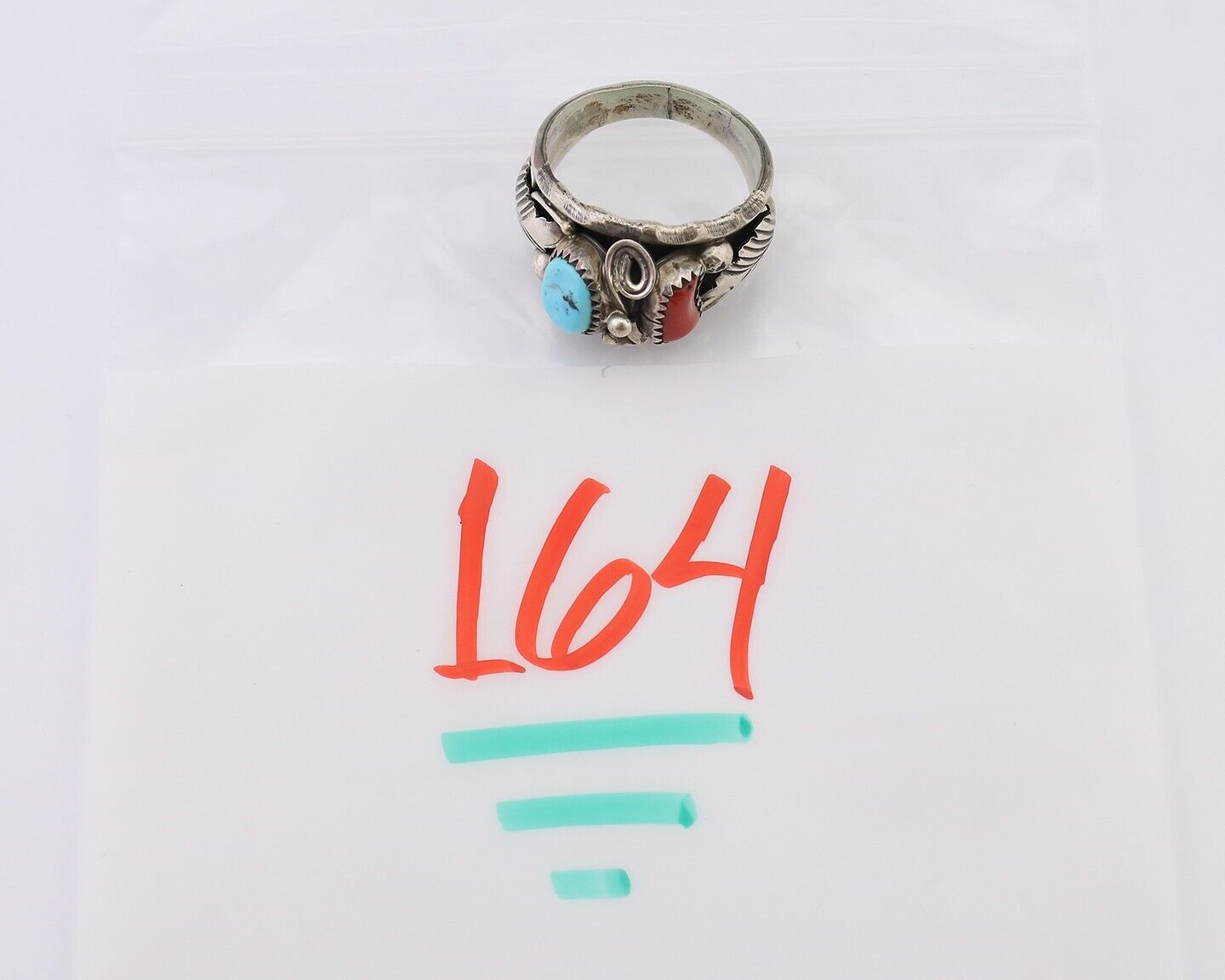 Navajo Ring 925 Silver Coral Turquoise Artist Signed Max Calabaza C.80's