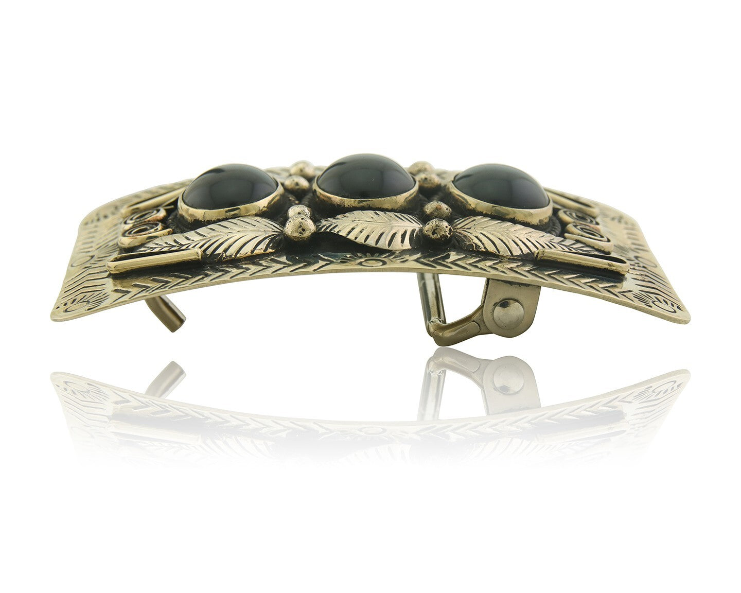 Navajo Concho Belt Buckle .999 Nickel Onyx Native American Artist 2x3 in C.80's