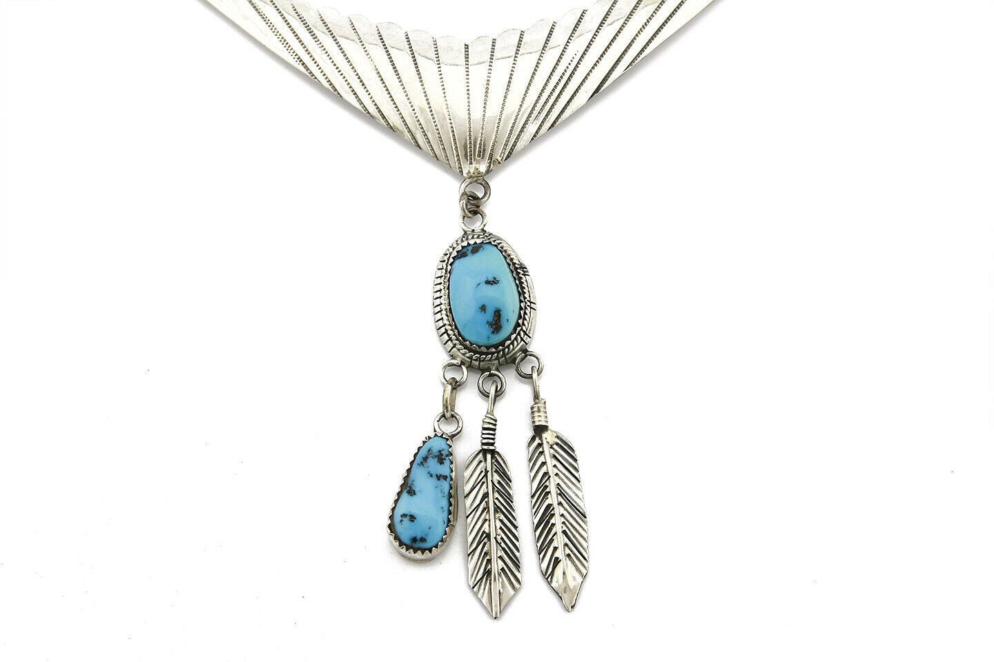 Navajo Handmade .925 Silver Blue Turquoise Hand Cut Necklace