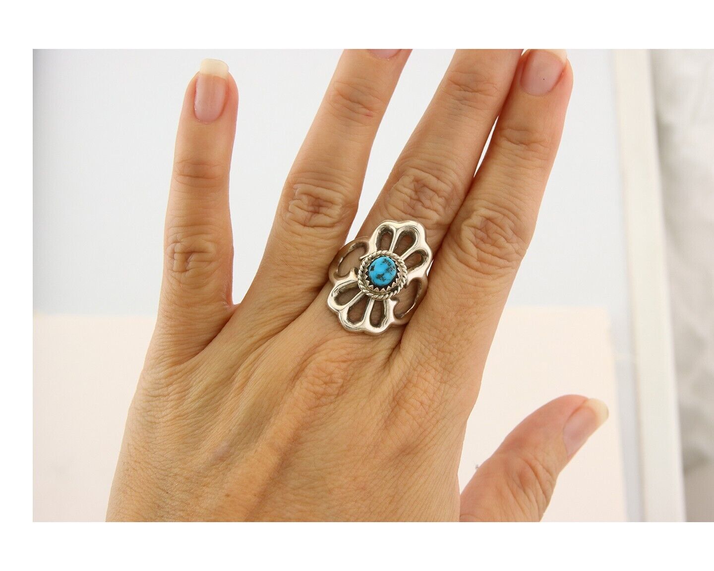 Navajo Concho Ring 925 Sterling Turquoise Native Artist C.80's Size 7.75