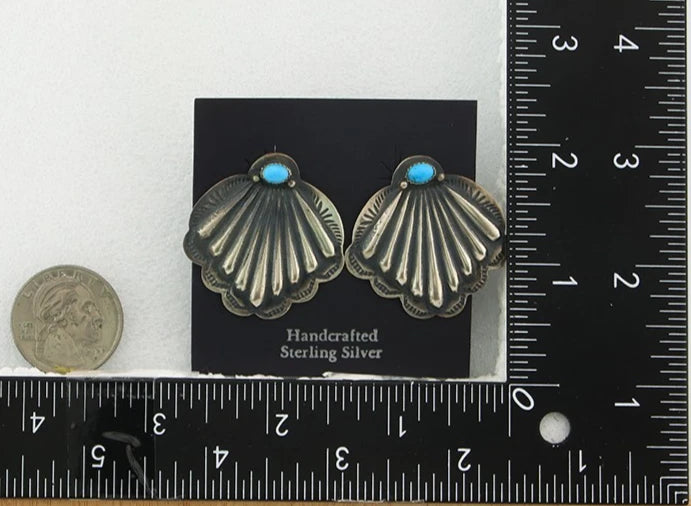 Navajo Dangle Concho Earrings Sterling Silver Natural Turquoise Vintage