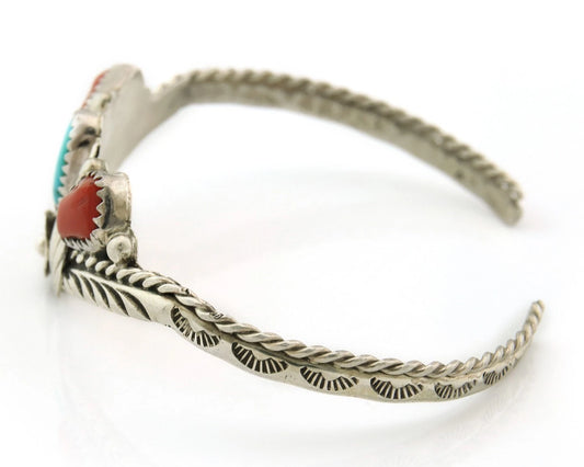 Navajo Cuff Bracelet Sterling Silver Turquoise & Coral Vintage Artist Handmade