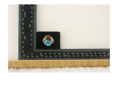 Men Navajo Ring 925 Sterling Natural Coral & Turquoise Signed JM C.80's Sz 12.75