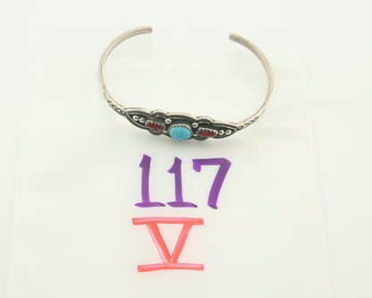 Navajo Bracelet 925 Silver Coral & Turquoise Cuff Signed Running Bear C.80's