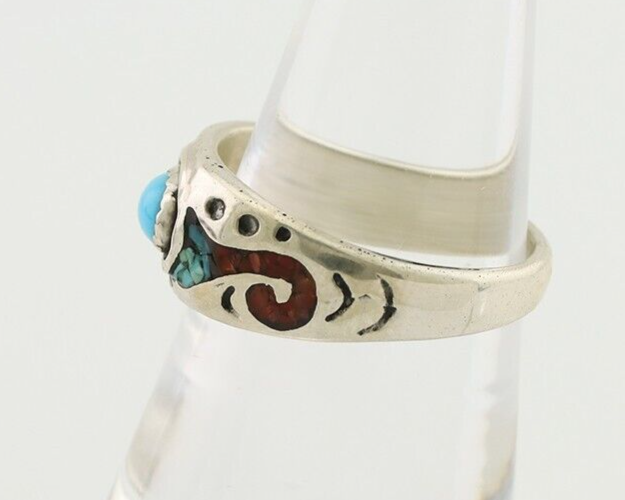 Navajo Ring 925 Silver Turquoise & Coral Natural American Artist C.80's