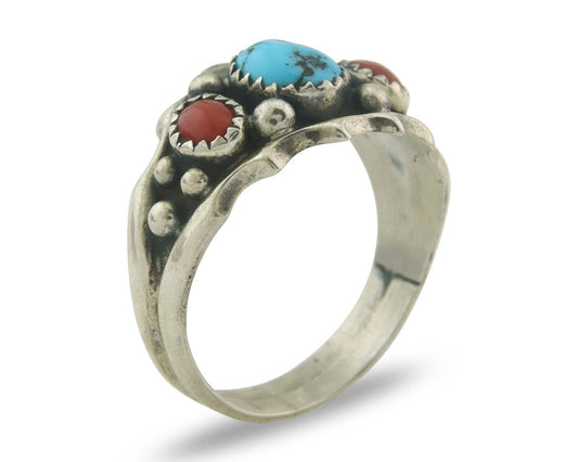 Men Navajo Ring 925 Sterling Natural Coral & Turquoise Signed SC C.80's Sz 11.75
